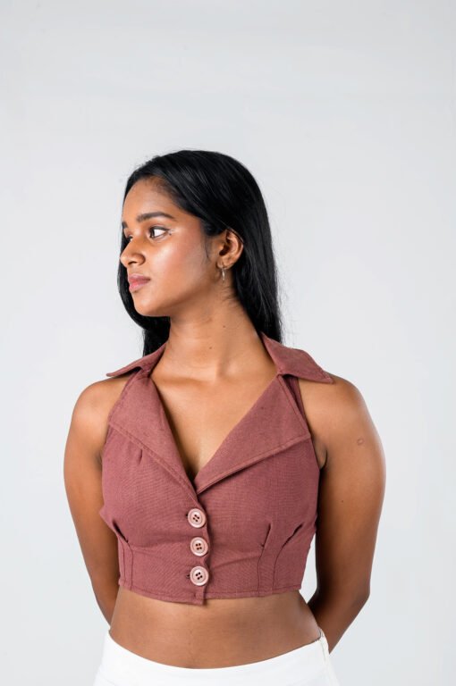 COLLARED LINEN BUTTON DOWN CROP TOP - Image 3