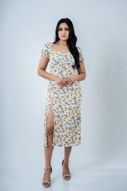 FLORAL PRINTED PUFF SLEEVE HIGH SLIT MIDI DRESS - Image 2