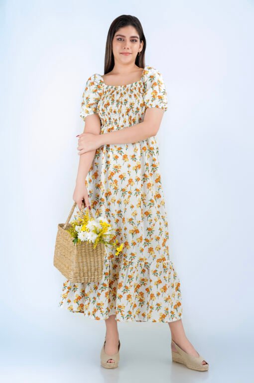 SMOKED PUFF SLEEVE FLORAL MAXI DRESS